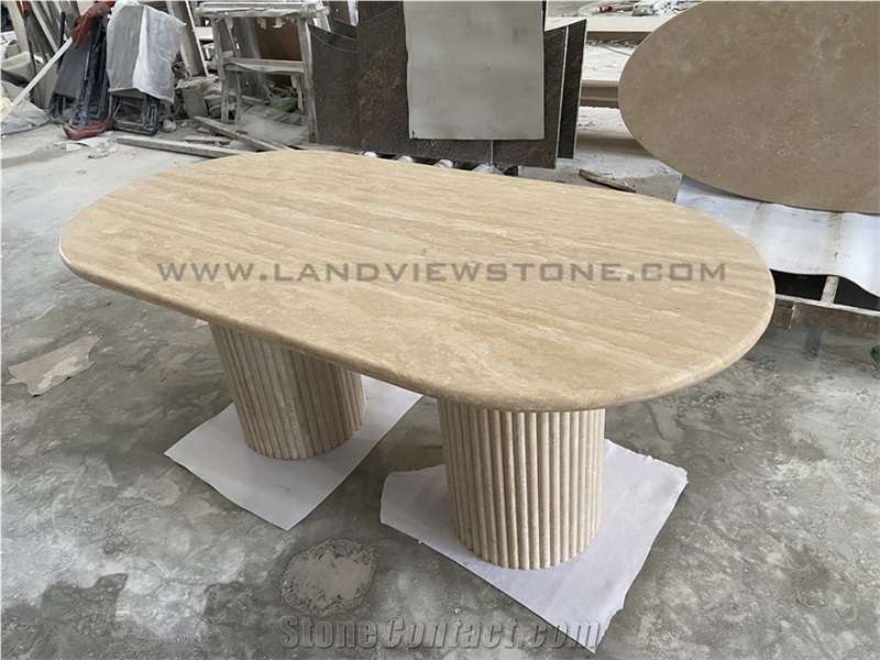 Cava Fluted Oval Turkey Beige Travertine Dining Table