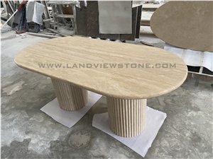 Cava Fluted Oval Turkey Beige Travertine Dining Table