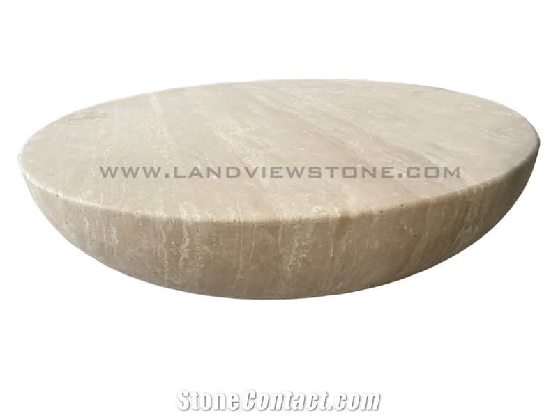 Geometry Design Drum Carved Round Travertine Coffee Table