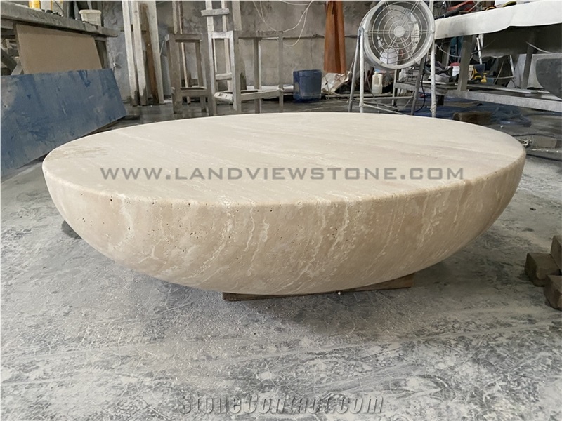 Geometry Design Drum Carved Round Travertine Coffee Table