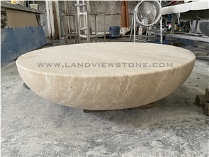Geometry Design Drum Carved Round Travertine Coffee Table