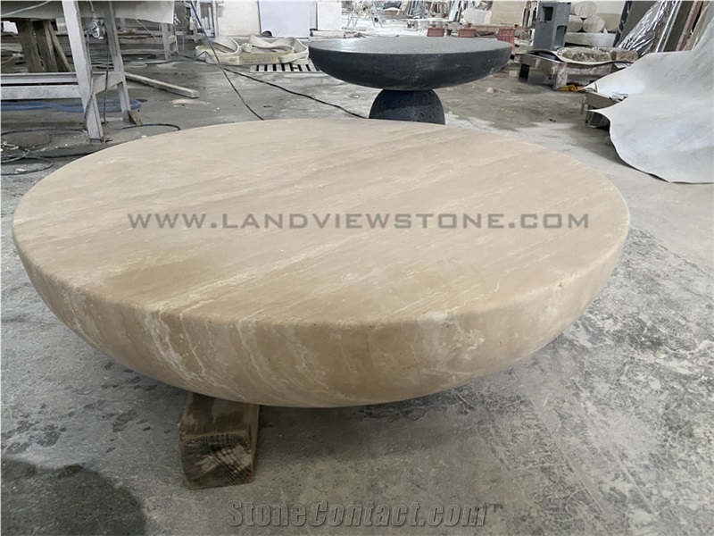 Geometry Design Drum Carved Round Travertine Coffee Table