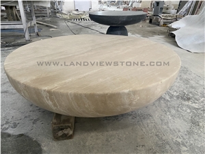 Geometry Design Drum Carved Round Travertine Coffee Table