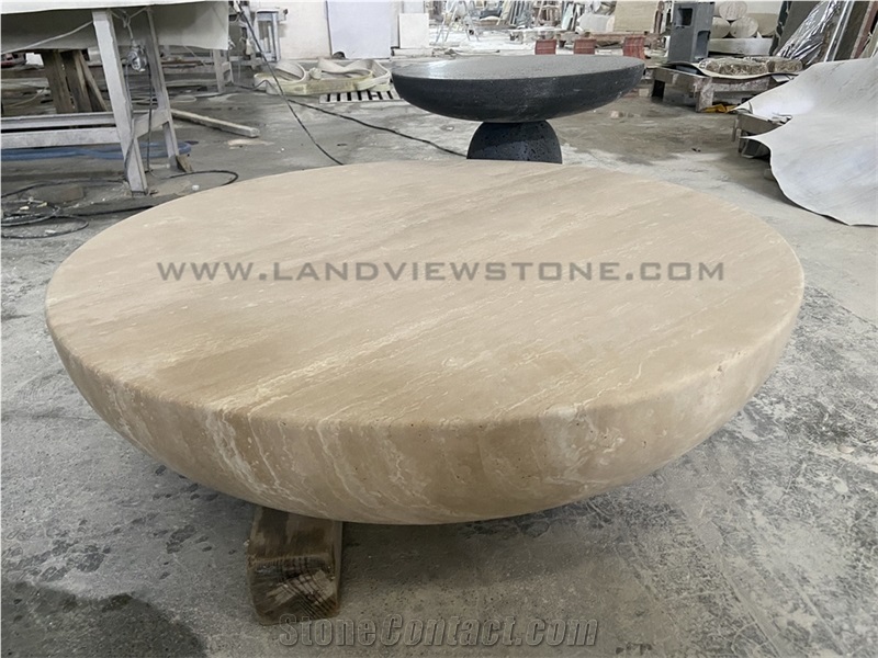 Geometry Design Drum Carved Round Travertine Coffee Table