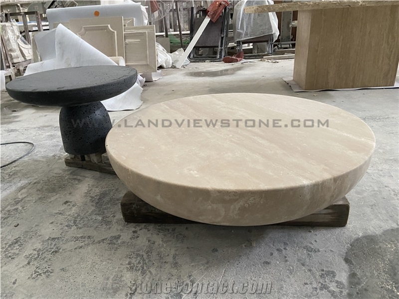 Geometry Design Drum Carved Round Travertine Coffee Table