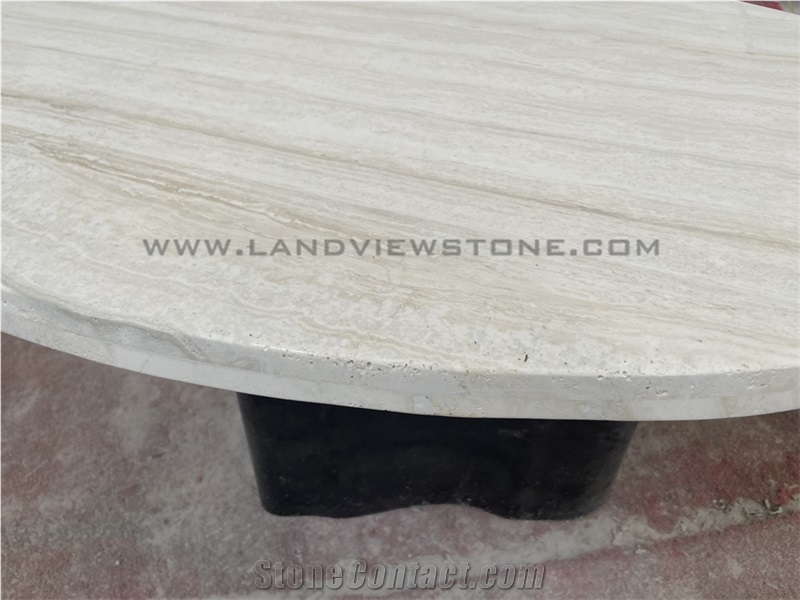 Ivory White Travertine Dining Table With Tri Cylinder Base