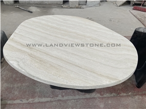 Ivory White Travertine Dining Table With Tri Cylinder Base