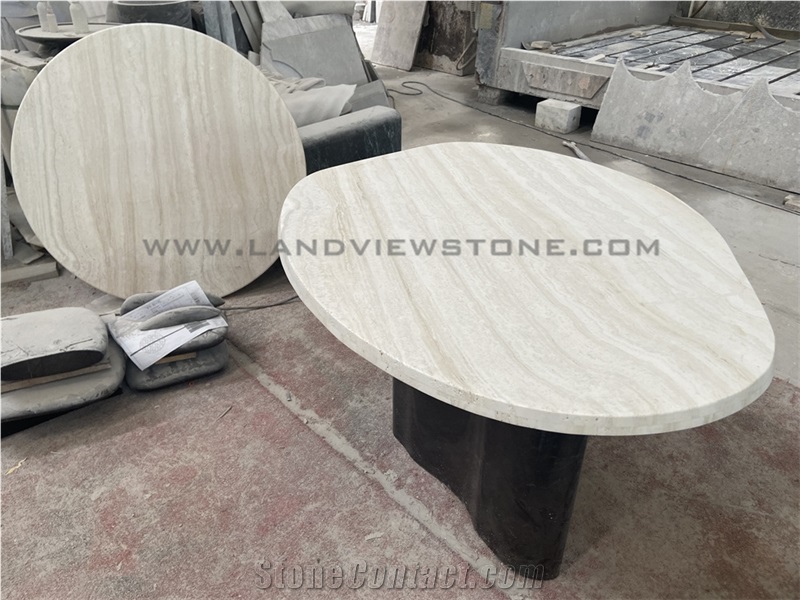 Ivory White Travertine Dining Table With Tri Cylinder Base