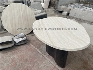 Ivory White Travertine Dining Table With Tri Cylinder Base