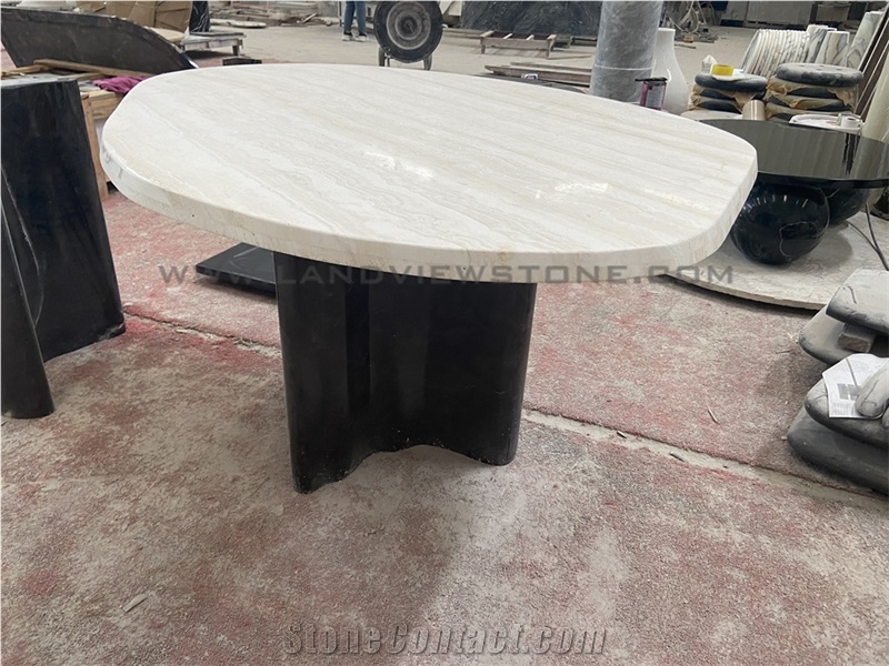 Ivory White Travertine Dining Table With Tri Cylinder Base