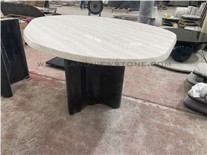 Ivory White Travertine Dining Table With Tri Cylinder Base