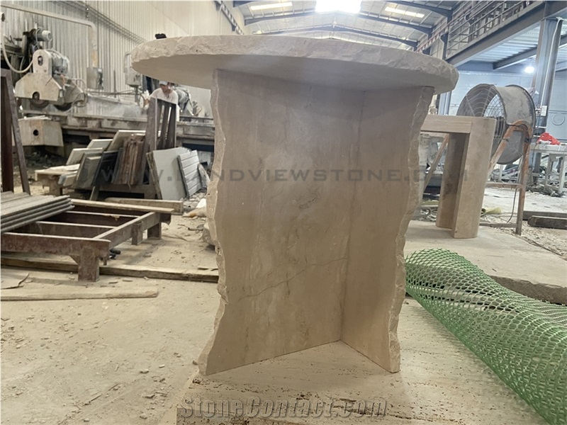 Mineral Sculptural Off White Travertine Side Table
