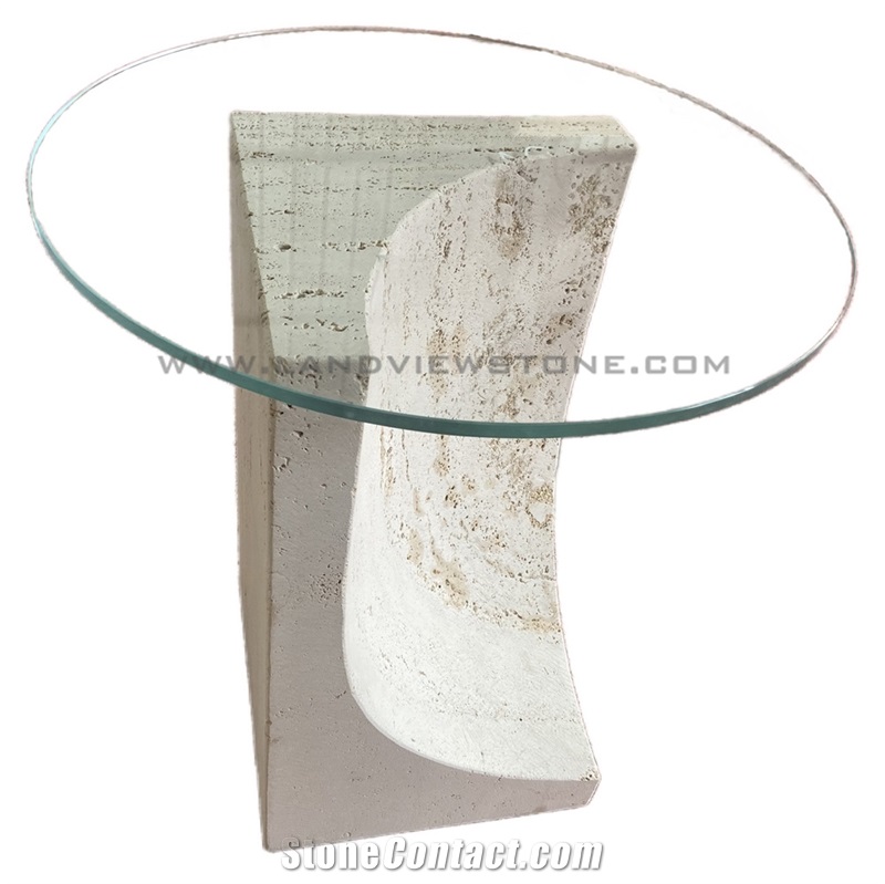 Off-White Vintage Travertine Side Table With Glass Top