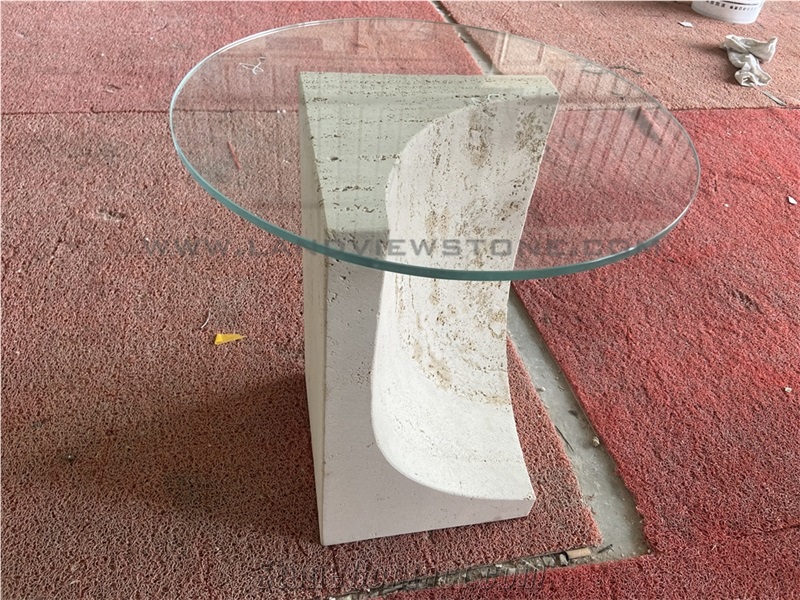 Off-White Vintage Travertine Side Table With Glass Top