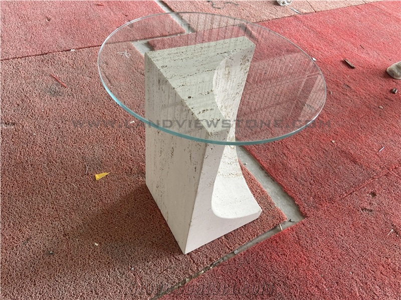 Off-White Vintage Travertine Side Table With Glass Top