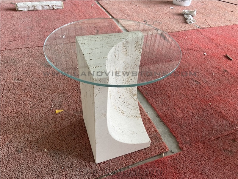 Off-White Vintage Travertine Side Table With Glass Top