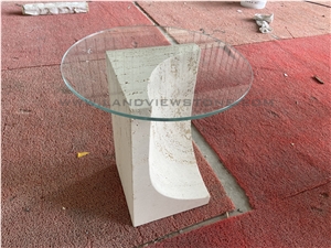 Off-White Vintage Travertine Side Table With Glass Top