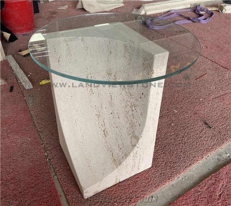 Off-White Vintage Travertine Side Table With Glass Top