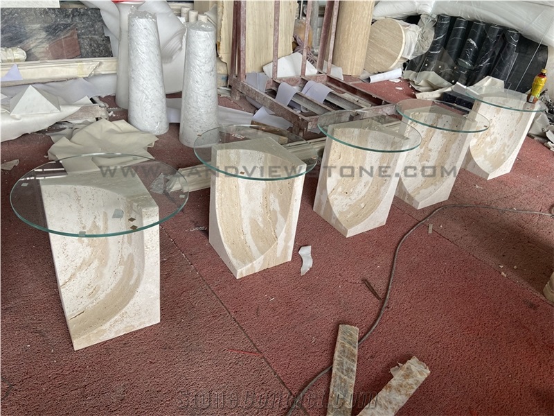 Off-White Vintage Travertine Side Table With Glass Top