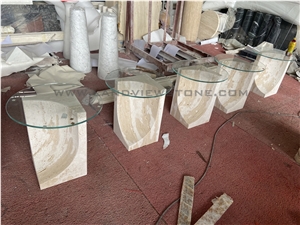 Off-White Vintage Travertine Side Table With Glass Top