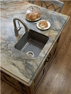 Polished Fusion Blue Quartzite Slabs Kitchen Design
