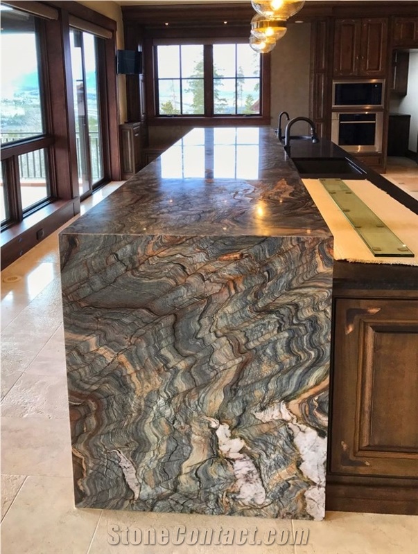 Polished Fusion Blue Quartzite Slabs Kitchen Design