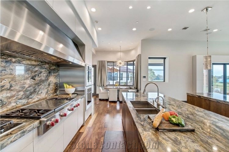 Polished Fusion Blue Quartzite Slabs Kitchen Design
