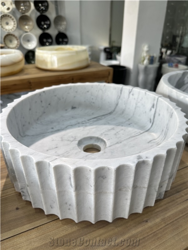 White Marble Vessel Basin Sink Bathroom Round Sink
