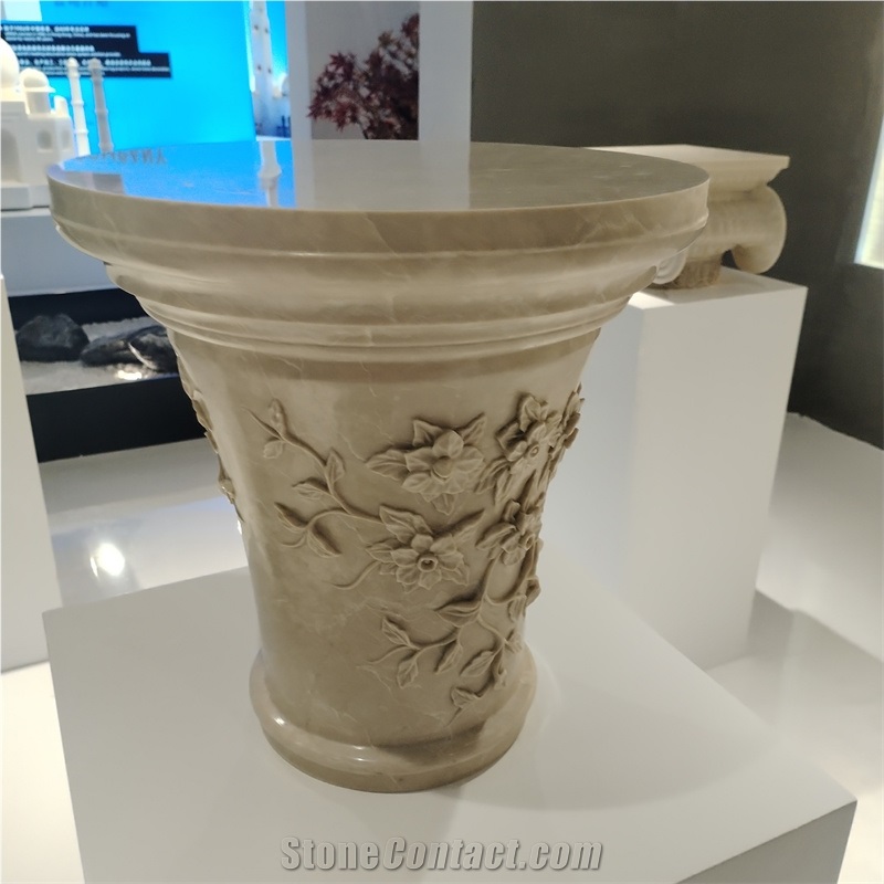 White Marble European Style Column Tops With Carving Flowers