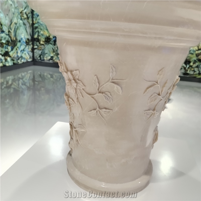 White Marble European Style Column Tops With Carving Flowers