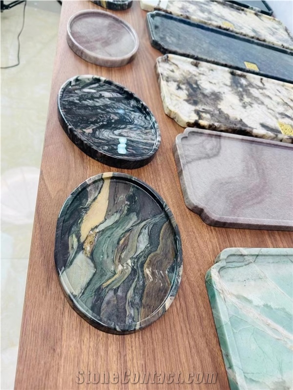 Circle Stone Dishes Marble Calacatta Cipollino Tea Trays