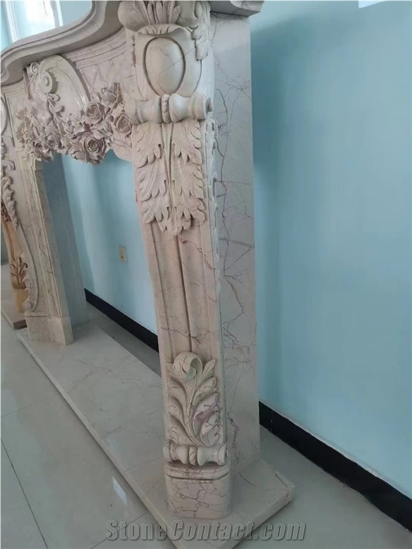 Sculptured Marble Sunny Beige Indoor Modern Fireplace Mantel