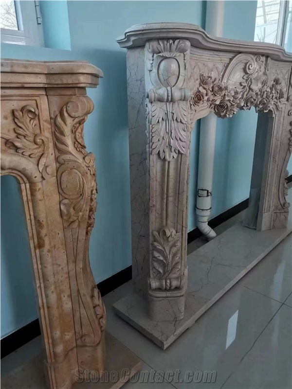 Sculptured Marble Sunny Beige Indoor Modern Fireplace Mantel