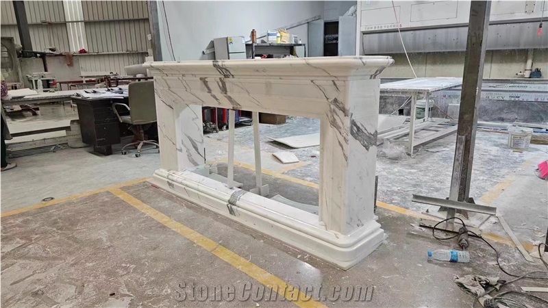 Sculptured Marble Sunny Beige Indoor Modern Fireplace Mantel