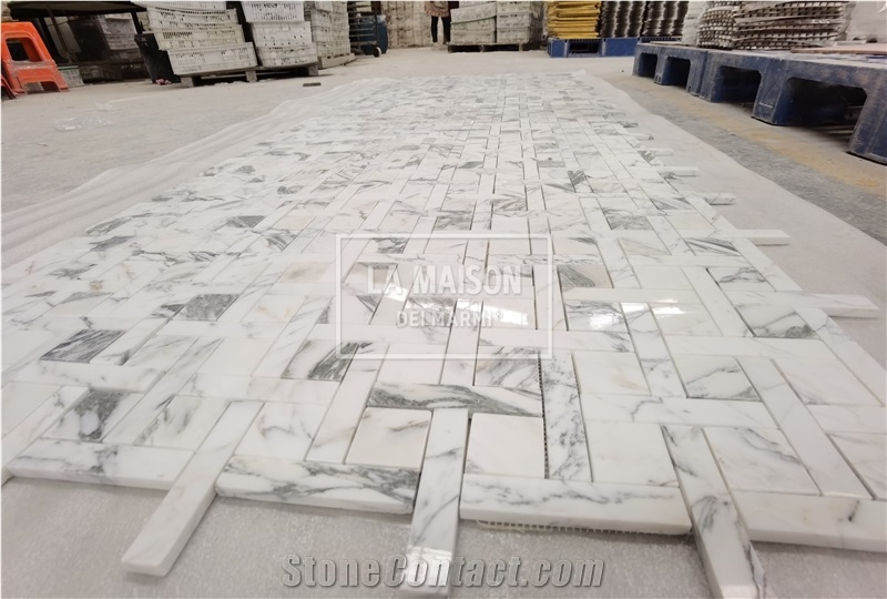 Arabescato Polished Natural Marble Basket Wave Mosaic Tiles