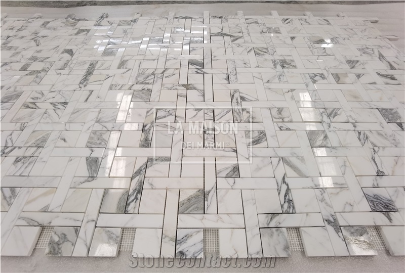 Arabescato Polished Natural Marble Basket Wave Mosaic Tiles