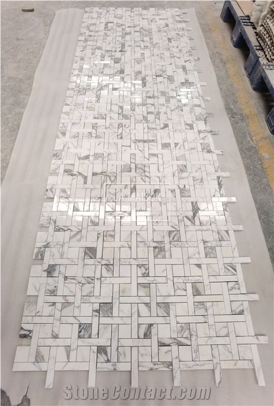 Arabescato Polished Natural Marble Basket Wave Mosaic Tiles