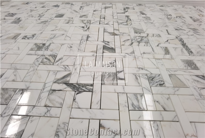 Arabescato Polished Natural Marble Basket Wave Mosaic Tiles