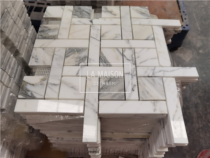 Arabescato Polished Natural Marble Basket Wave Mosaic Tiles