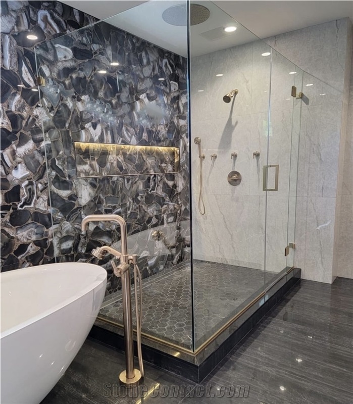 Grey Agate Semiprecious Slabs Used In Bathroom Design