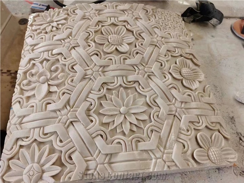 Hand Carved Custom, Large Beige Marble Hollow Columns Panels