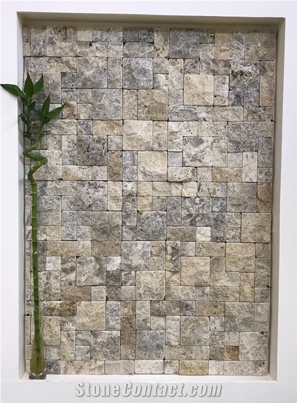 Split Face And Tumbled Silver Travertine Wall Mosaic Tiles