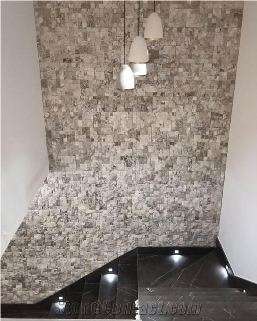 Split Face And Tumbled Silver Travertine Wall Mosaic Tiles