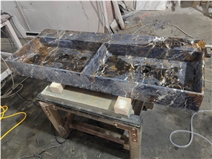 Black Gold Marble Wall Mounted Double Washbasin Bathroom