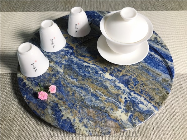 Luxury Bolivia Blue Marble Tray,Round Marble Serving Tray