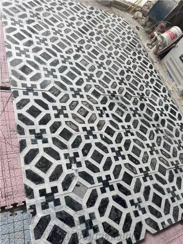 Black Marquina Marble Waterjet Cutting Floor Pattern