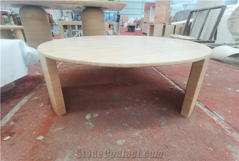 Roman Travertine Round Coffe Table, Side Tabole With Stands