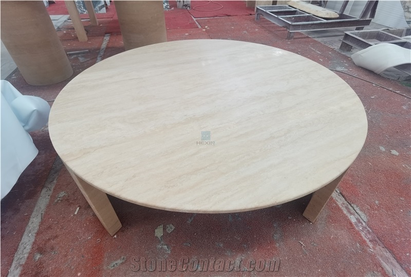 Roman Travertine Round Coffe Table, Side Tabole With Stands