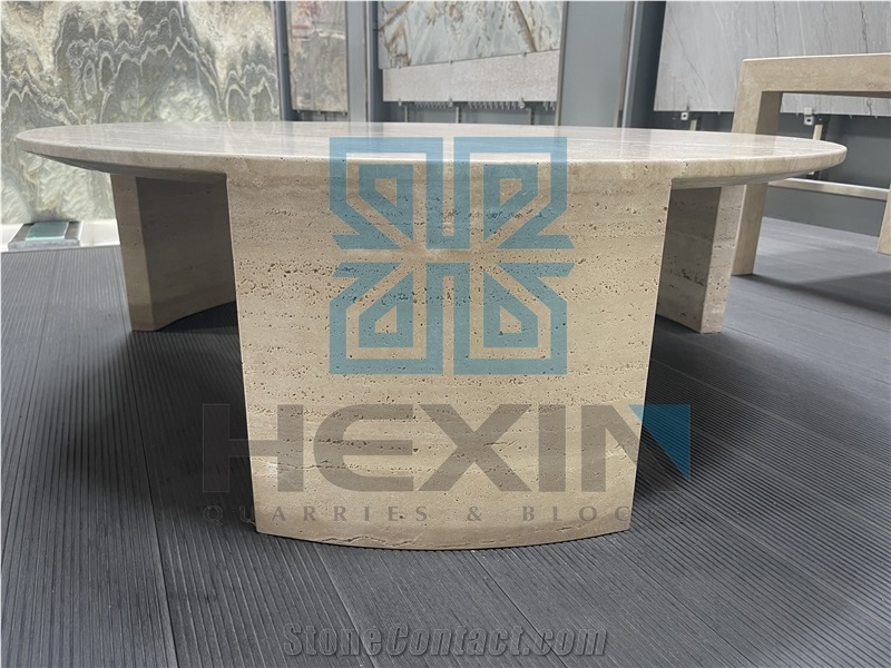 Roman Travertine Round Coffe Table, Side Tabole With Stands