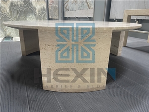 Roman Travertine Round Coffe Table, Side Tabole With Stands